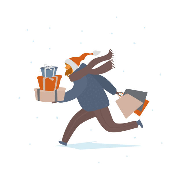 mann läuft mit geschenken und einkaufstaschen isoliert vektor illustration weihnachtsszene - 1 advent stock-grafiken, -clipart, -cartoons und -symbole