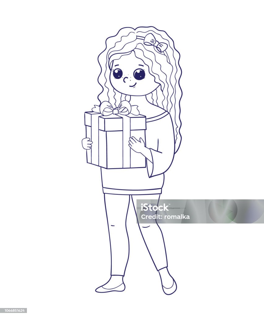 Girl for coloring book.Girl holding a box with a gift Cute girl for coloring book.Girl holding a box with a gift.Line art design.Isolated on white background.Vector illustration Black Color stock vector