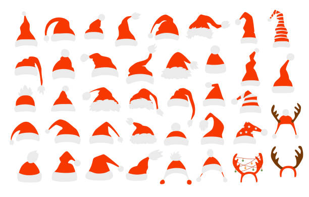 reihe von verschiedenen weihnachtsmann-mützen - nikolausmütze stock-grafiken, -clipart, -cartoons und -symbole