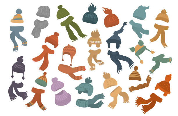 ilustrações de stock, clip art, desenhos animados e ícones de set of different knit hats caps and scarves - acessório ilustrações