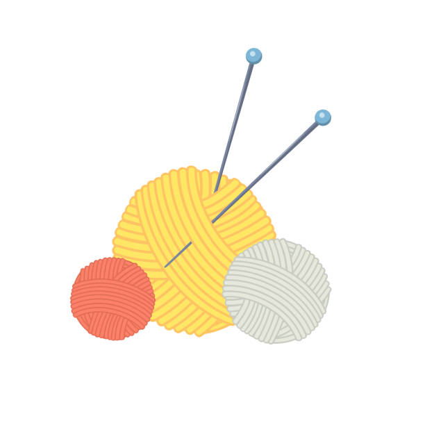 три цветных мультяшных шара из пряжи с вязаными иглами. - knitting needle stock illustrations