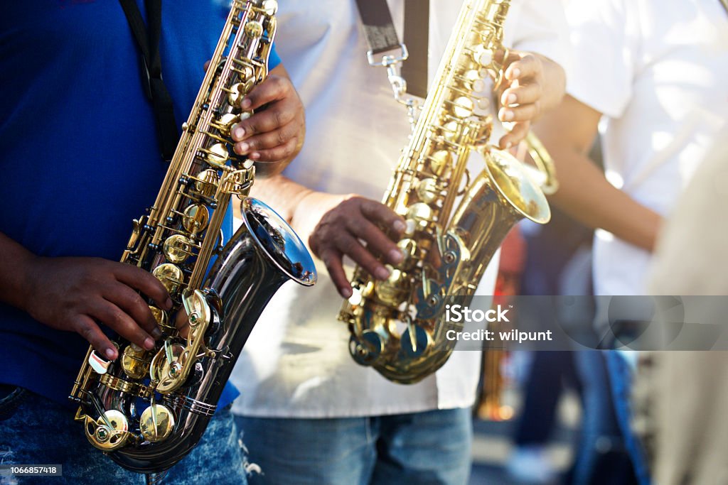 Bo Kaap Kaapse Klopse Saxophone players Kaapse Klopse Saxophone players from die Bo Kaap Cape Malay Quarters Cape Town South Africa Jazz Music Stock Photo