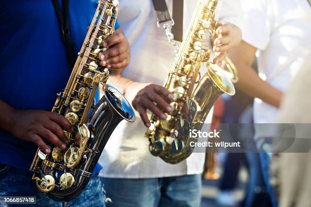 Bo Kaap Kaapse Klopse Saxophone Players Stock Photo - Download Image Now - Jazz Music, Music Festival, Performance Group