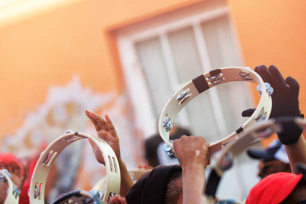 Tambourine Carnival Celebration Clapping Tambourines held high during a street Carnival parade Kaapse Klopse Cape Malay Quarters Cape Town malay quarter photos stock pictures, royalty-free photos & images