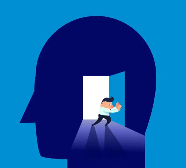 Vector illustration of Businessman pushes the door of the brain