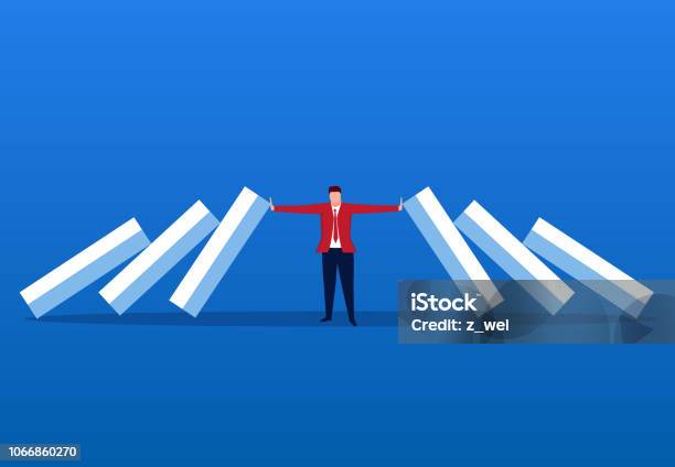 Businessman Blocking Domino Effect Stock Illustration - Download Image Now - Endurance, Business, Continuity