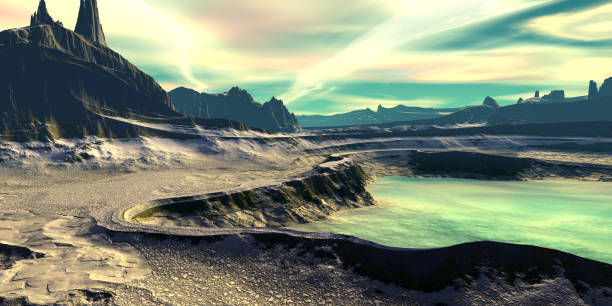 istock Alien Planet. Mountain and  water. 3D rendering 1066860926