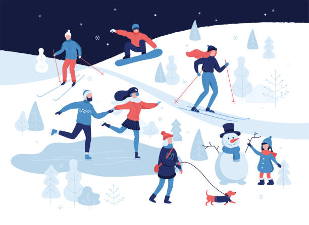 ilustrações, clipart, desenhos animados e ícones de pessoas com atividades de inverno no parque, esqui, skate, snowboard, menina passeando com o cachorro, garota fazendo um boneco de neve bonito, personagens dos desenhos animados em design plano isolado no branco. ilustração vetorial - esporte de inverno