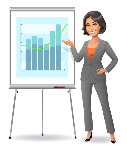 Vector illustration of Confident Young Businesswoman Standing At Flipchart