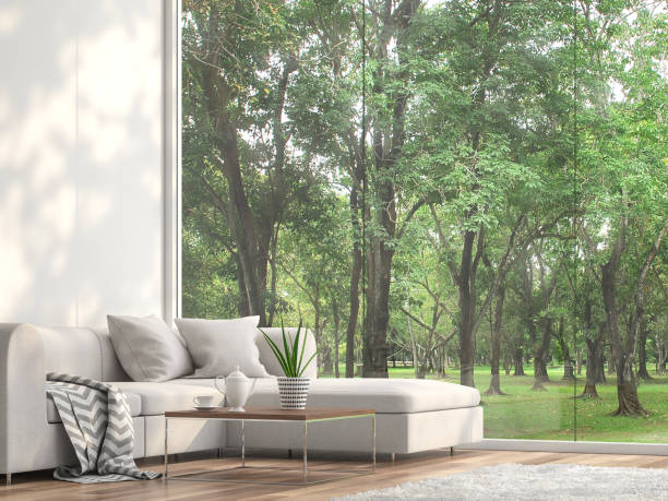 Minimal sofa located at the window with garden view 3d render Minimal sofa located at the window 3d render.The Rooms have wooden floors and white wall.furnished with white fabric furniture.There are large frameless window looking out to see the garden view. hotel window view stock pictures, royalty-free photos & images