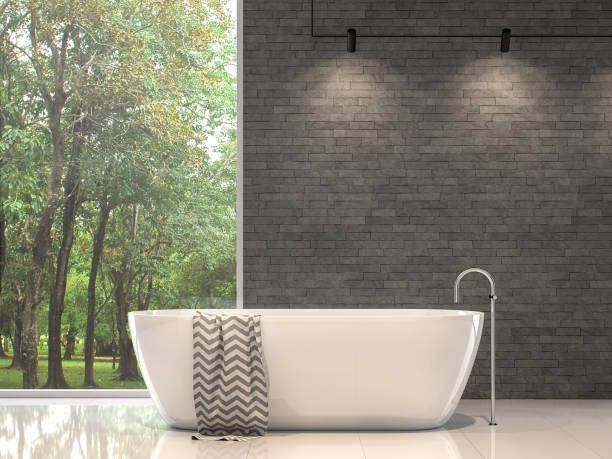 bagno moderno contemporaneo con parete in pietra naturale rendering 3d - luxury hotel looking through window comfortable foto e immagini stock