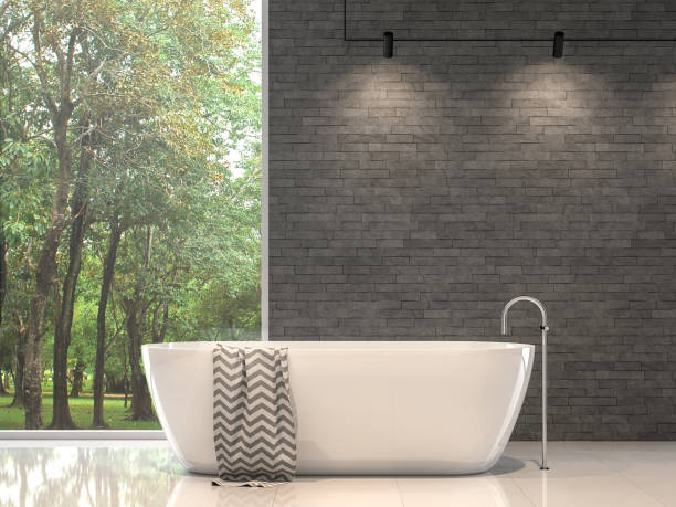 Modern contemporary bathroom with nature stone wall 3d render