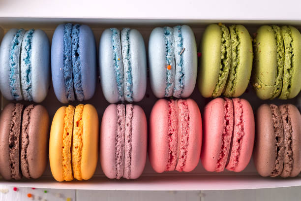 Colorful french macaroons backgrounds, flat lay. Holidays and celebrations concept.