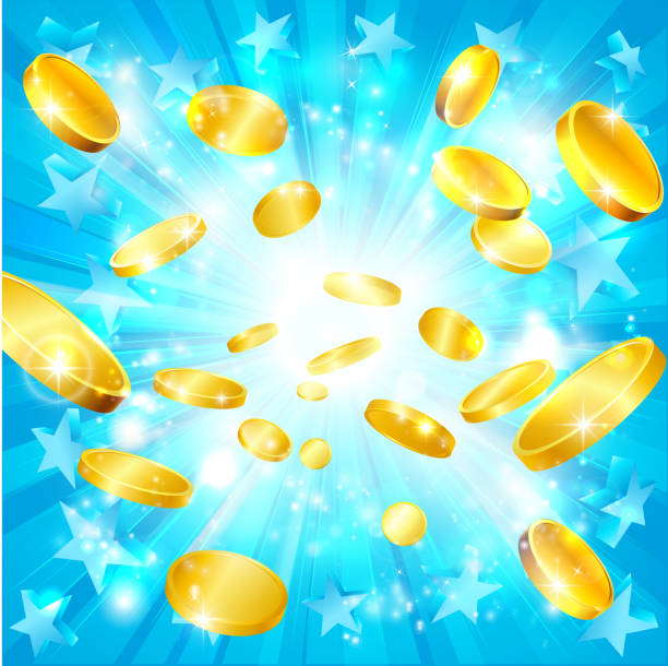 деньги золотые монеты и звезды джекпот фон - three dimensional yellow three dimensional shape luck stock illustrations