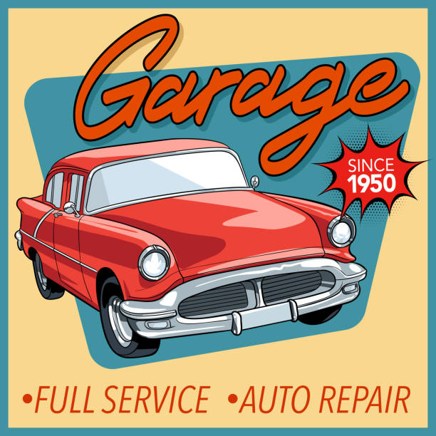 ilustraciones, imágenes clip art, dibujos animados e iconos de stock de vector de auto vintage - auto repair shop illustrations