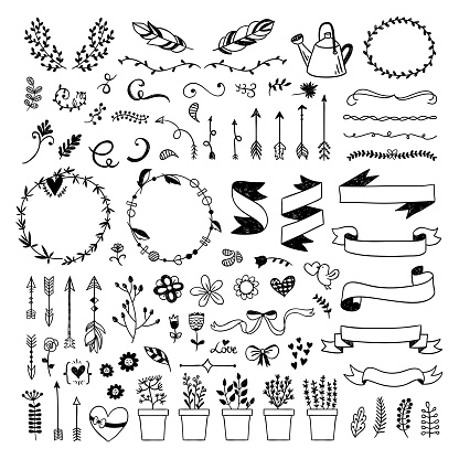 Graphic vector set with hand drawn ribbons, plants, floral elements, wreaths, feathers and arrows. Cute boho style illustrations on white background