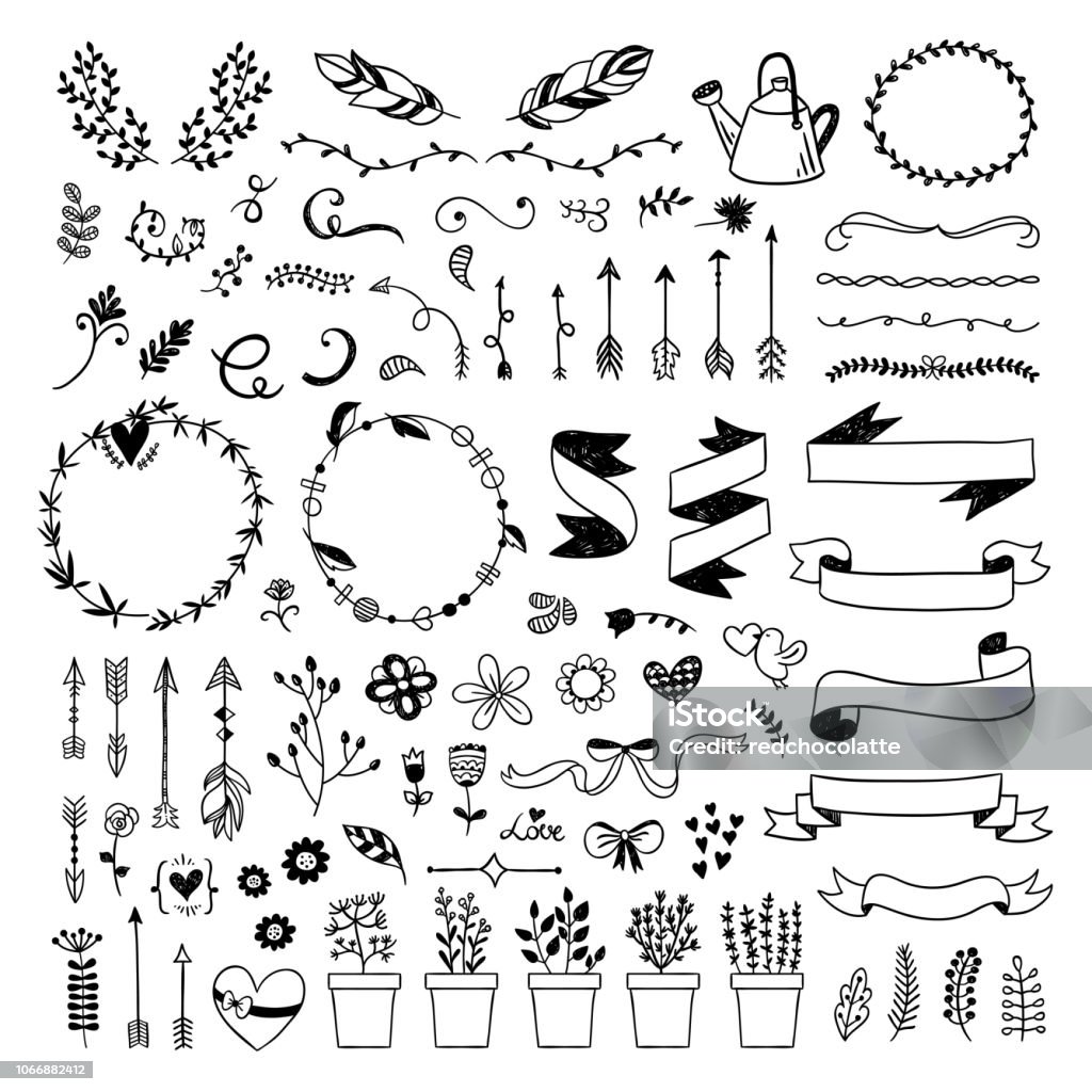 Graphic vector set with hand drawn ribbons, plants, floral elements, wreaths, feathers and arrows. Cute boho style illustrations on white background Doodle stock vector