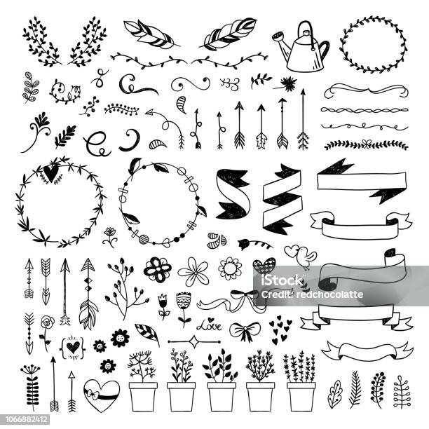 Graphic Vector Set With Hand Drawn Ribbons Plants Floral Elements Wreaths Feathers And Arrows Cute Boho Style Illustrations On White Background Stock Illustration - Download Image Now