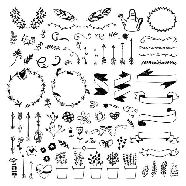 Vector illustration of Graphic vector set with hand drawn ribbons, plants, floral elements, wreaths, feathers and arrows. Cute boho style illustrations on white background