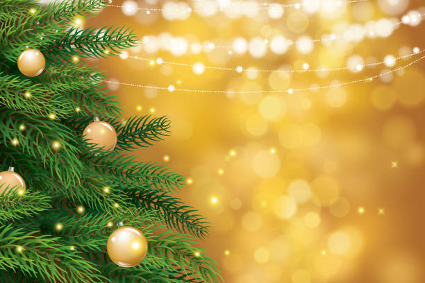 Christmas tree with gold blur bokeh lights background. Vector illustration for cover, banner, greeting card template. Christmas tree with gold blur bokeh lights background. Vector illustration for cover, banner, greeting card template. fir tree pine backgrounds branch stock illustrations