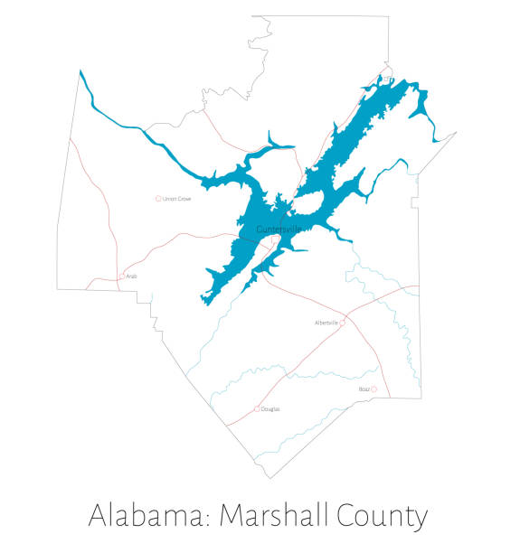 Map of Marshall county in Alabama Detailed map of Marshall county in Alabama, USA alabama state map with cities stock illustrations