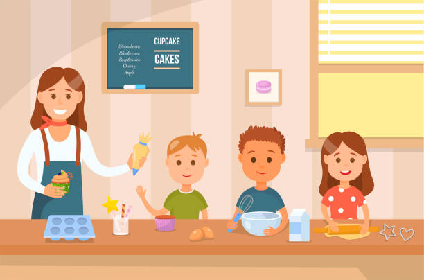 ilustrações de stock, clip art, desenhos animados e ícones de cooking with kids. vector flat illustration. - bakery women cake cupcake
