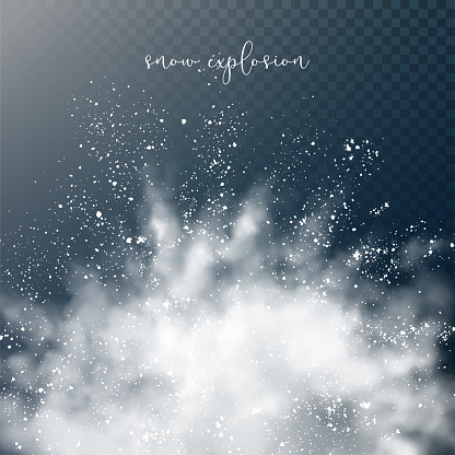 Vector snow explosion. Abstract design of white transparent cloud and snowflakes. Blast of white powder