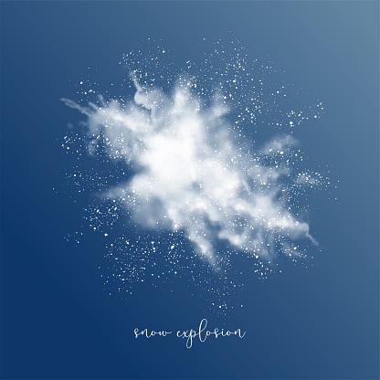 Vector snow explosion. Abstract design of white transparent cloud and snowflakes. Blast of white powder