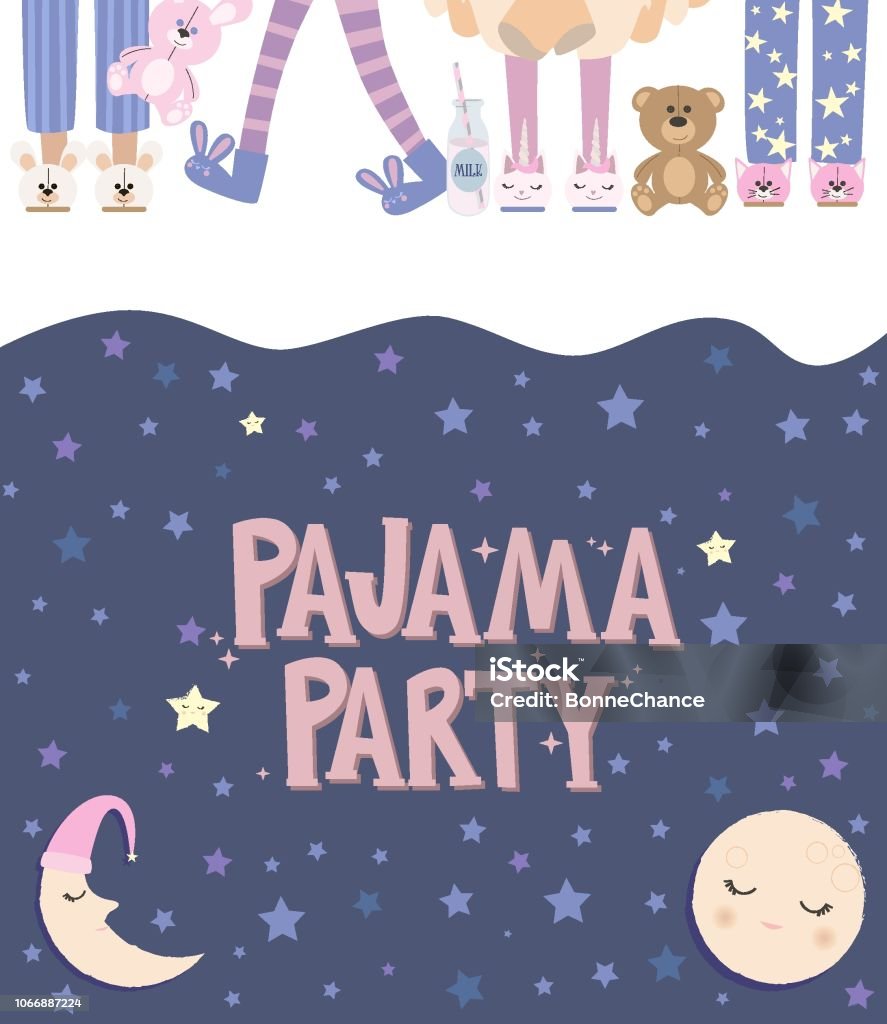 Pajama party poster with fun girls. Invitation for slumber party. Pajama party poster with fun girls. Invitation for slumber party. Editable vector illustration Pajamas stock vector