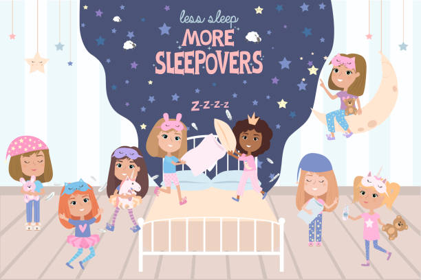 kuvapankkikuvitukset aiheesta pyjama juhlajuliste hauskojen tyttöjen kanssa. kutsu unenjuhliin. - pyjamabileet