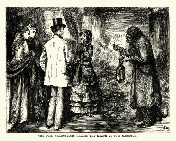 Dickens, Bleak House, Lord Chancellor relates death of Tom Jarndyce Vintage engraving of a scene from the Charles Dickens novel Bleak House. The Lord Chancellor relates the death of Tom Jarndyce Illustration by Fred Barnard charles dickens stock illustrations