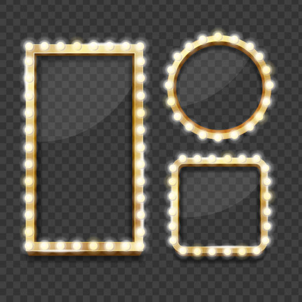 Realistic 3d Detailed Makeup Mirror Set. Vector Realistic 3d Detailed Makeup Mirror Set with Light Bulbs on a Transparent Background Different Shape. Vector illustration theatre mirror stock illustrations
