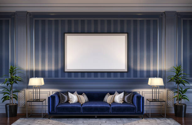 istock Contemporary interior in blue tones with a sofa and striped wallpaper. 3d rendering 1066894236