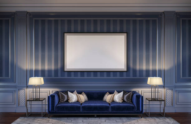 istock Contemporary interior in blue tones with a sofa and striped wallpaper. 3d rendering 1066894244