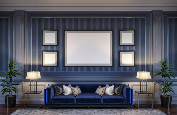 istock Contemporary interior in blue tones with a sofa and striped wallpaper. 3d rendering 1066894246