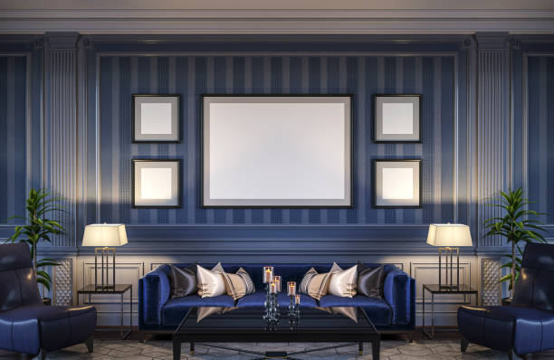 istock Contemporary interior in blue tones with a sofa and striped wallpaper. 3d rendering 1066894252