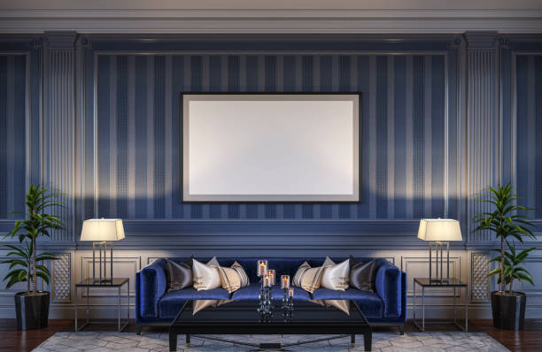istock Contemporary interior in blue tones with a sofa and striped wallpaper. 3d rendering 1066894254