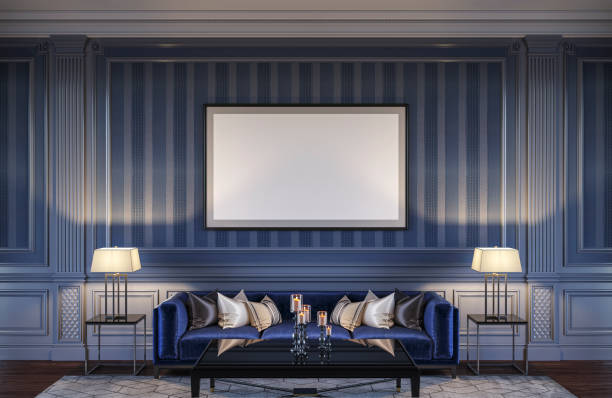 istock Contemporary interior in blue tones with a sofa and striped wallpaper. 3d rendering 1066894256