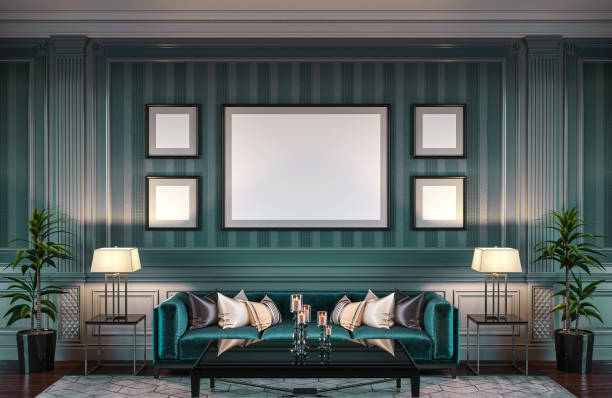 Contemporary interior in green tones with a sofa and striped wallpaper. 3d rendering