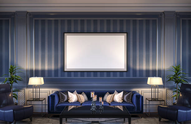 istock Contemporary interior in blue tones with a sofa and striped wallpaper. 3d rendering 1066894260