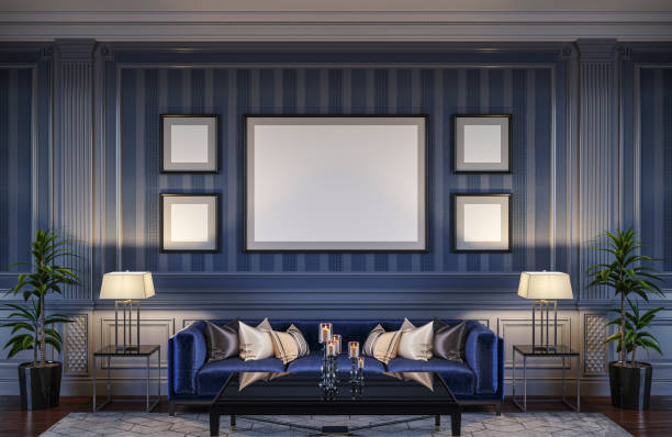 istock Contemporary interior in blue tones with a sofa and striped wallpaper. 3d rendering 1066894262