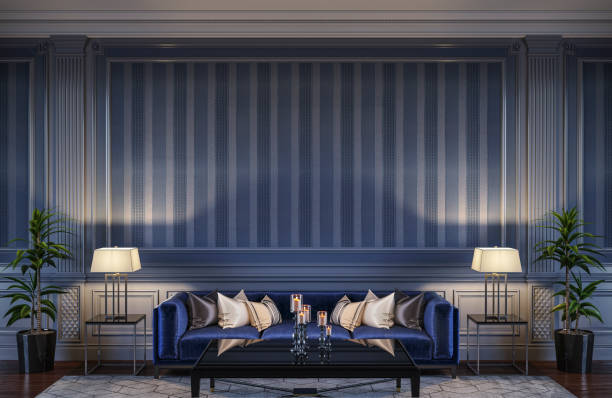 istock Contemporary interior in blue tones with a sofa and striped wallpaper. 3d rendering 1066894266
