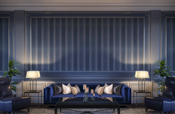 istock Contemporary interior in blue tones with a sofa and striped wallpaper. 3d rendering 1066894276