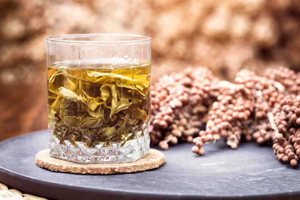 una taza de té de hierbas - dry dried plant green tea antioxidant fotografías e imágenes de stock