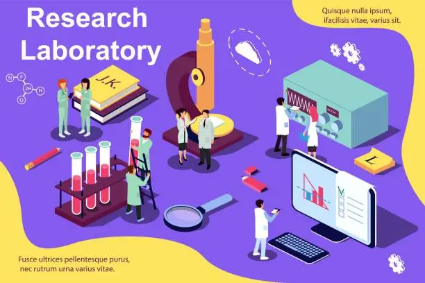 Vector illustration of Vector isometric illustration concept. Research laboratory, scientis working at laboratorium.