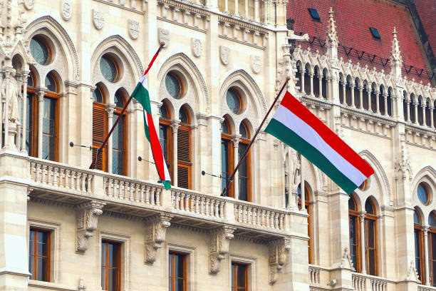 istock Hungarian flags on the parliament building in Budapest. 1066897452
