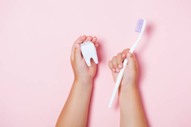 istock Child's hands holding big tooth and toothbrush 1066898006