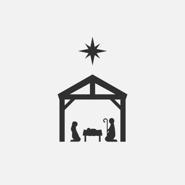 白い背景の上にキリスト、シルエット、マリア、ヨセフとイエスの誕生が分離されました。ベクトルの図。 - virgin mary jesus christ saint mary spirituality点のイラスト素材／クリップアート素材／マンガ素材／アイコン素材
