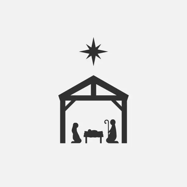 Vector illustration of Birth of Christ, Silhouette of Mary, Joseph and Jesus isolated on white background. Vector illustration.