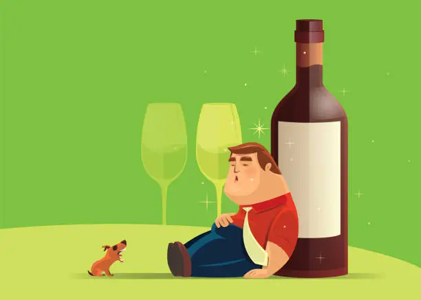 Vector illustration of drinker leaning on beer bottle and sleeping